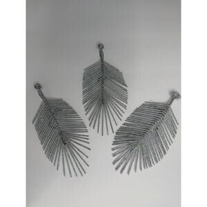 West Elm Silver Glitter Feather Ornaments Set of 3 Modern Holiday Christmas